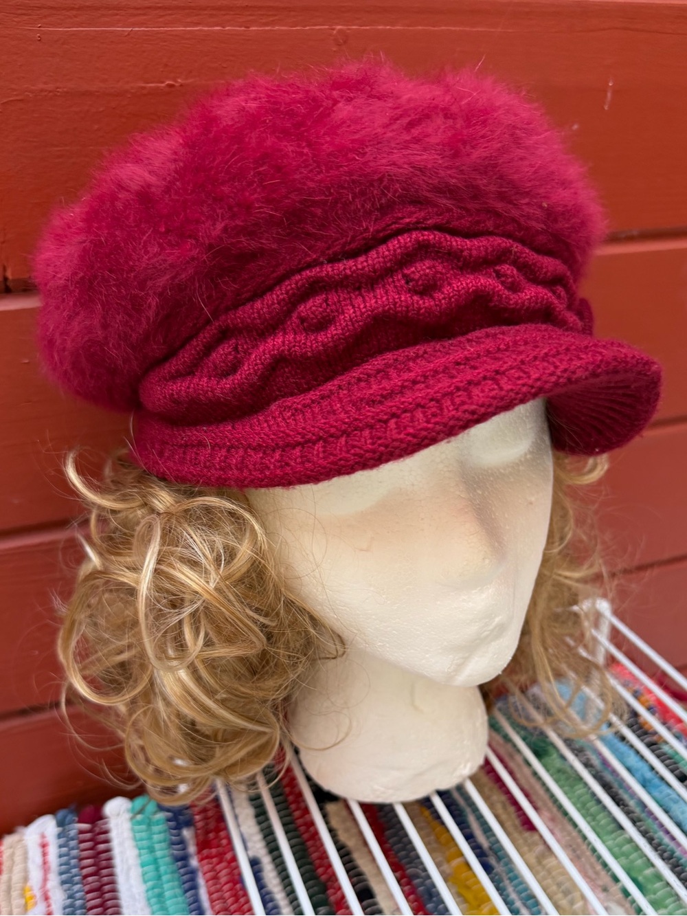 Plush Cozy Comfy burgundy red Faux Fur newsboy crochet Beret hat OS